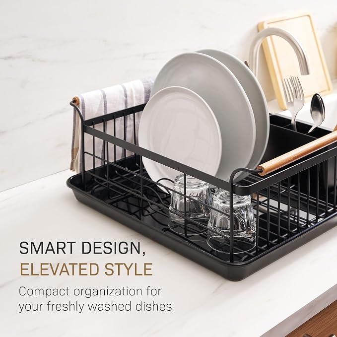 YAMAZAKI Home Dish Drying Rack – Modern Black Dish Rack for Kitchen Counter with Removable Drainer Tray and Cutlery Holder, Steel + Wood Dish Drying Organizer, Small Space-Saving Design - Image 2