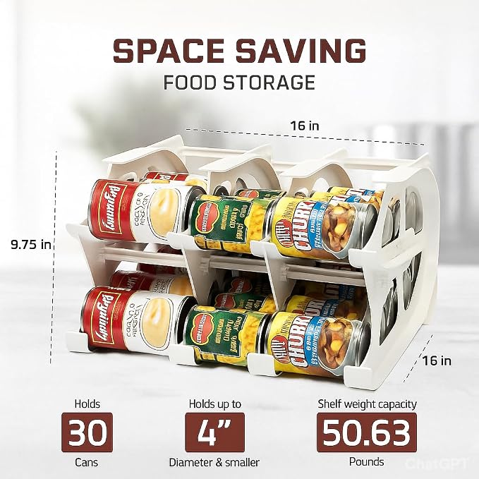 FIFO Countertop Mini Can Tracker Holds 30 Standard 10-24 Oz Can Sizes, White| Stackable & Adjustable Can Organizer for Pantry, USA Made, White - Image 3