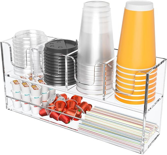 Beego 5-Compartment Cup Holder for Countertop - 2-Tier Clear Acrylic Cup Dispenser Coffee Station Paper Cup and Lid Organizer Condiment Storage for Restaurant Breakroom Kitchen Bar Accessories by beegoofficial