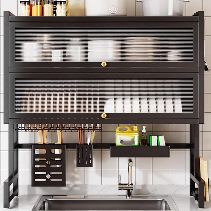Double-Layer Dish Rack Kitchen Above the Sink Dish Drain Multi-Layer Dish countertop Multi-Function Storage Drain Board Drying kit(Black,75cm/29.5in) by Unknown