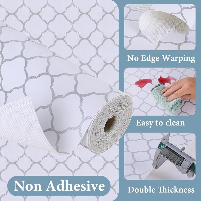 Shelf Drawer Liners for Kitchen Cabinets 23.6 in X 20 Ft Drawer Liner | Non Adhesive Thickened Refrigerator Liner Silver Quatrefoil Strong Non-Slip Paper for Tool Box with Knife and Tape Measure - Image 3