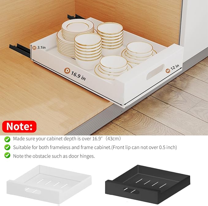 2 Pack Pull Out Cabinet Organizer Adhesive, 12" Wide,16.9" Deep Heavy Duty Slide Out Drawers for Face Frame or Frameless Cabinets, Roll Out Cabinet Organizer for Kitchen Organizer, Bathroom,Pantry - Image 2