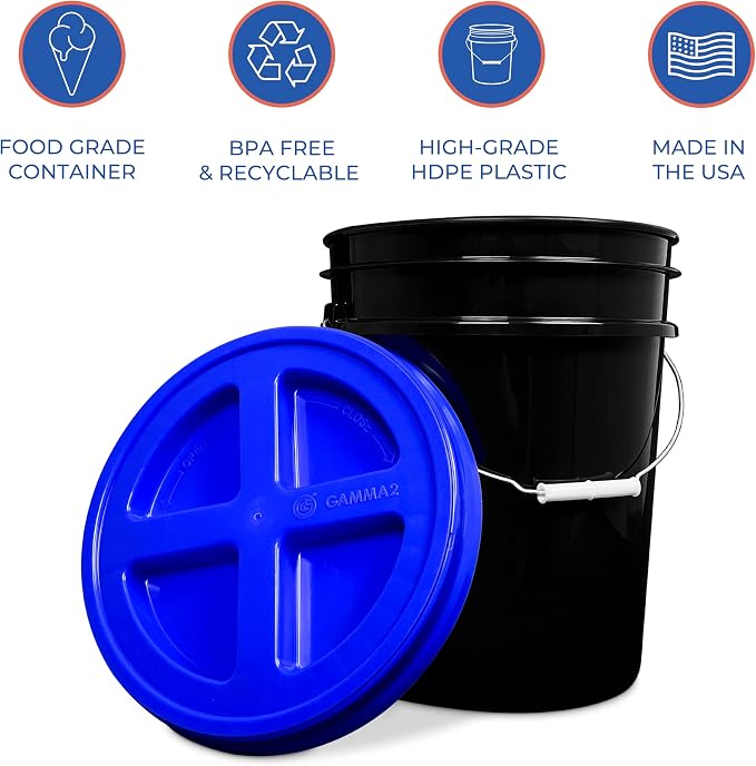 5 Gallon Bucket - Food Grade w/Lid BPA-Free, Black/Blue, 6 | Airtight Gamma Seal Screw-On Lid, Heavy-Duty 90 Mil HDPE Plastic, Food Safe and Durable Container, Bulk Storage, Made in USA - Image 8