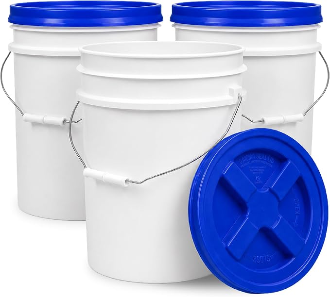 5 Gallon Bucket - Food Grade w/Lid BPA-Free, White/Blue, 3 | Airtight Gamma Seal Screw-On Lid, Heavy-Duty 90 Mil HDPE Plastic, Food Safe and Durable Container, Bulk Storage, Made in USA by ePackageSupply