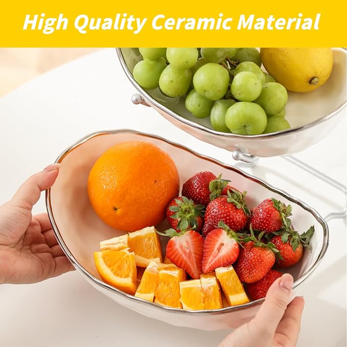 2 Tier Ceramic Fruit Bowl for Kitchen Counter with Metal Rack, Fruit Basket with Stand, Porcelain Bowls for Vegetable Bread Candy Snack Nuts Dessert Cake Tray (Silver 2 layer) - Image 3