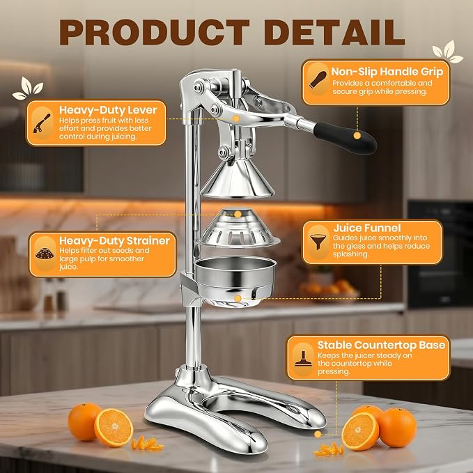 Stainless Steel Manual Citrus Juicer Heavy-Duty Lever Press | Strainer and Stable Countertop Base, Hand Juice Squeezer for Oranges, Lemons, Grapefruits, Cast Iron Juicer - Image 2