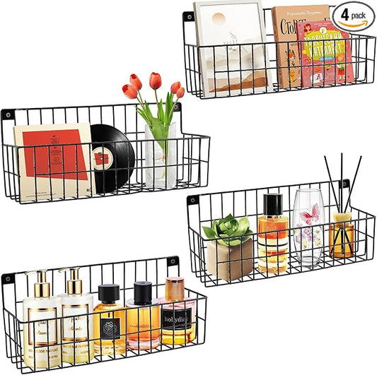 FamilyKit 4 Set Extra Large Hanging Wall Wire Baskets, Black | Metal Hanging Wall Mount Wire Basket for Organizing & Storage, Sturdy Wall Organizer for Home Kitchen Bathroom Storage by FamilyKit
