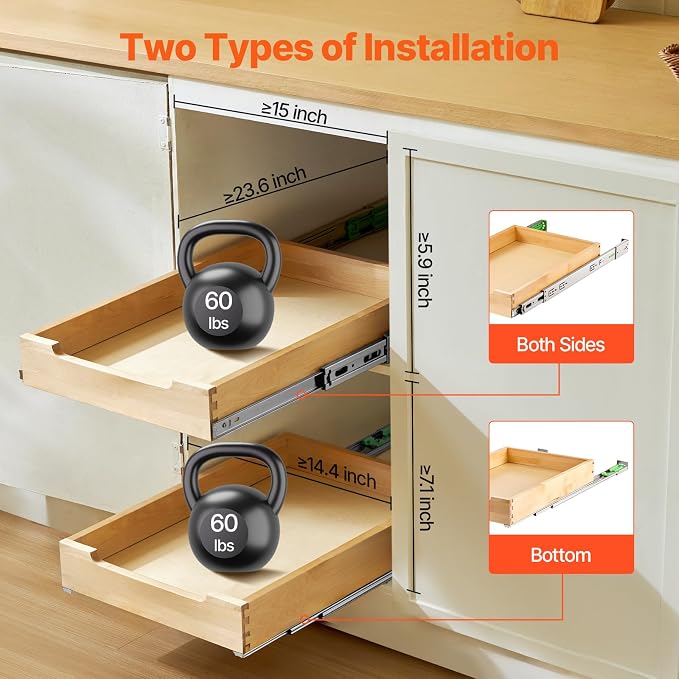 VEVOR Pull Out Cabinet Organizer, 14"W x 21"D Cabinet Drawer, Soft Close Slide out Shelf, Heavy-Duty Sliding Wood Drawer, Bottom Mount Size（14.5"W x 23"D）and Side Mount Size（15"W x 23"D） - Image 5