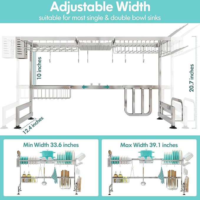 2 Tier Extra Large Stainless Steel Over The Sink Dish Drying Rack | Rust Proof Metal, Expandable Kitchen Sink Drainer, Counter Space Saving, Heavy Duty, Modern Silver, Multifunctional Storage - Image 2