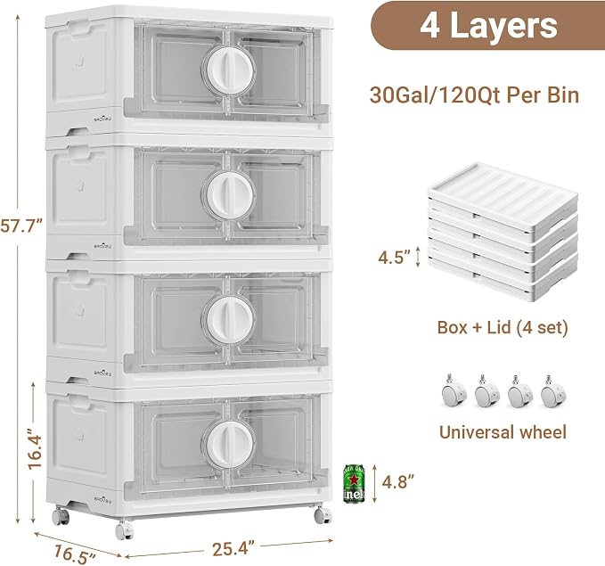 BROVIEW 480Qt Lockable Stackable Storage Bins with Lids, Closet Organizers and Storage Drawer, Collapsible Storage Bin with Wheels, Plastic Cabinet for Toy Clothes Dorm Organizer, V9 4 Pack White - Image 2