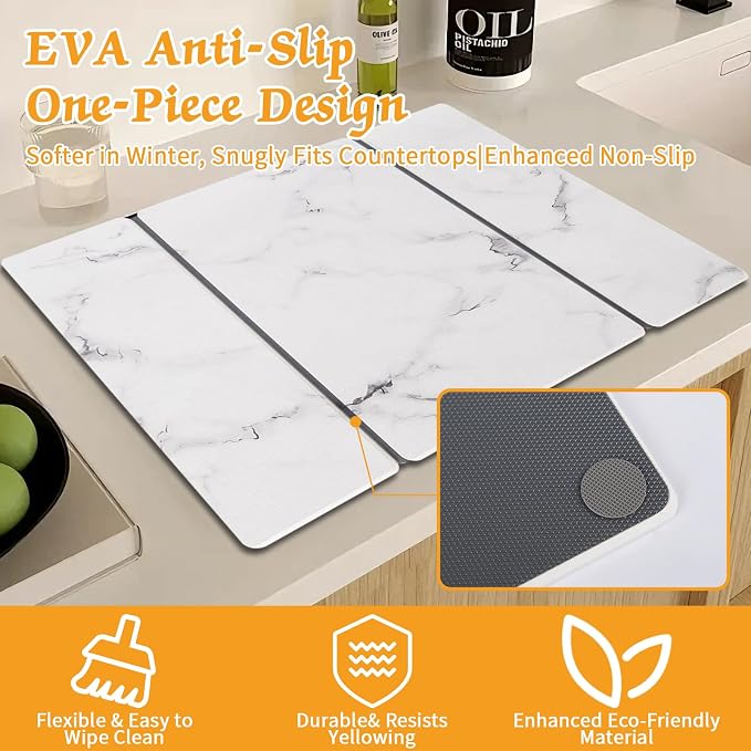 Stone Dish Drying Mat for Kitchen Counter, 24 x 16 Inch(White Marble Vein) | Absorbent diatomaceous earth and PVC, folds for compact storage, suitable for dishes, cups, bottles, or a bathroom floor mat - Image 6