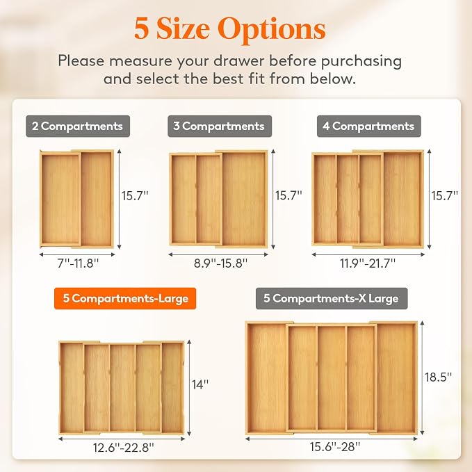 Lifewit Utensil Organizer for Kitchen Drawer, Expandable Cooking Utensil Tray, Cutlery Silverware Flatware Holder, Wood Adjustable Spatula Tools Storage Divider, 12.6-22.8x14/ 32-58x35.6cm, Natural - Image 4