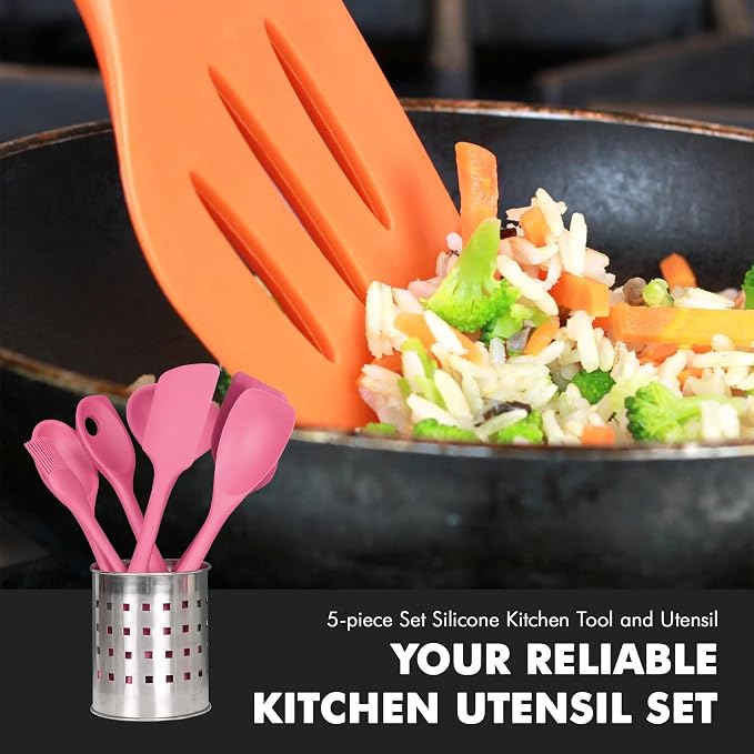 Chef Craft - Premium Silicone Kitchen Tools and Utensils Set, Non-Scratch, Withstands Temperatures up to 450°F, BPA-Free, 5 Piece Cooking Utensils Set, Pink - Image 5