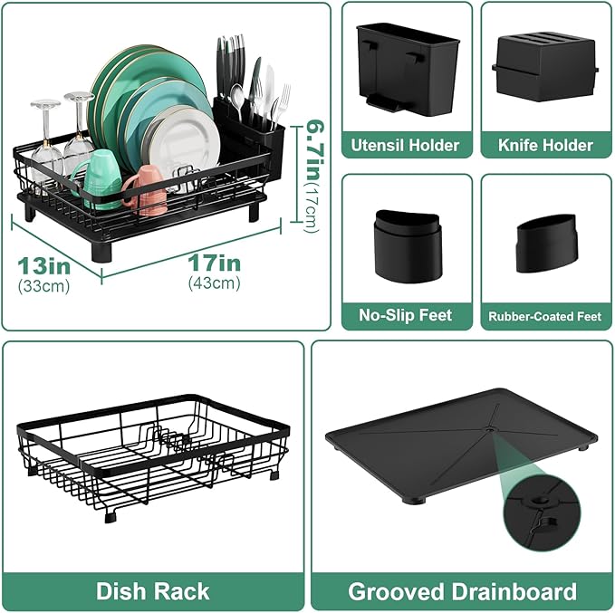 MOUKABAL Dish Drying Rack with Drainboard for Kitchen Counter, Black | 13×17 Large Capacity/Rustproof Stainless Steel/Fast Drainage Dish Drainer/Removable Utensil Holder/Kitchen Counter Organizer - Image 2