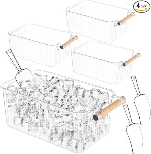 CIEOVO 4 Piece Ice Bin and 2 Flexible Scoop Set Plastic Freezer Ice Bin with Handle Clear Storage Bucket for Container with Bucket Scoop Kitchen Fridge by CIEOVO