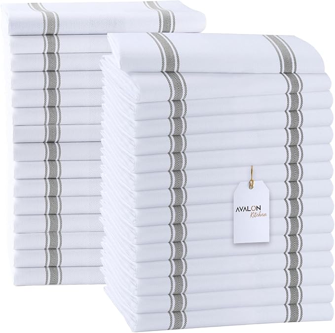 Dish Towels 30 Pack Grey Stripe 100% Cotton Kitchen Towel 15x25 Inch Tea Towels, Dish Cloths for Washing Dishes, Kitchen Rags for Drying Dishes by Avalon+Kitchen