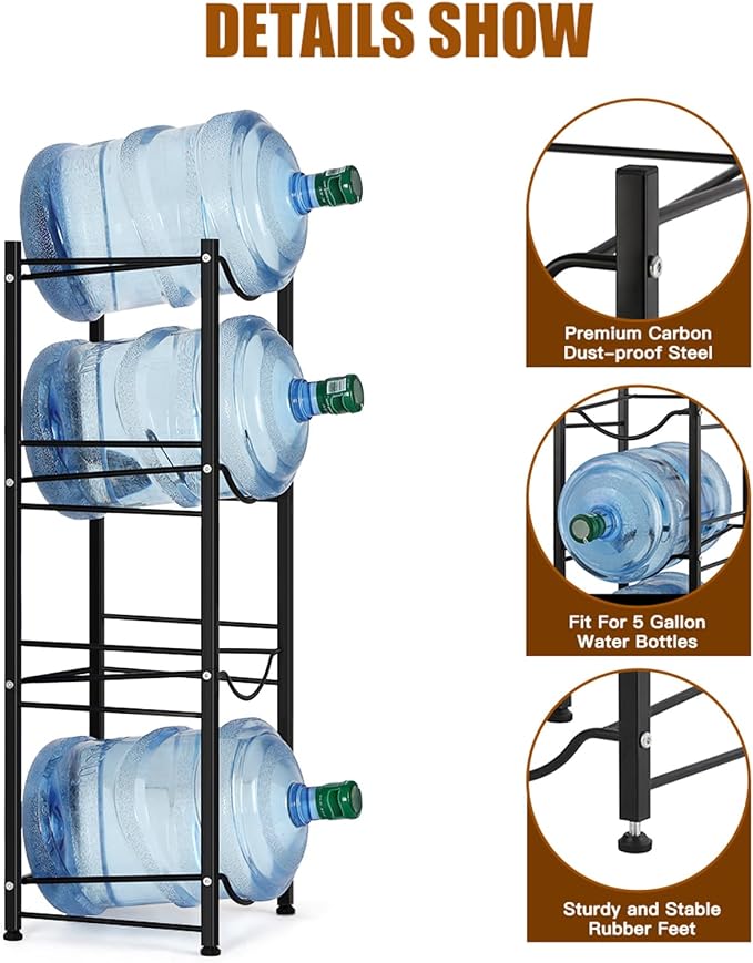 smusei 5 Gallon Water Bottle Holder 4 Tier Water Cooler Jug Stand Storage with 4 Slots for 5 Gal Water Dispenser Black Water Bottle Organizer Rack Metal for Office, Kitchen, Home - Image 4