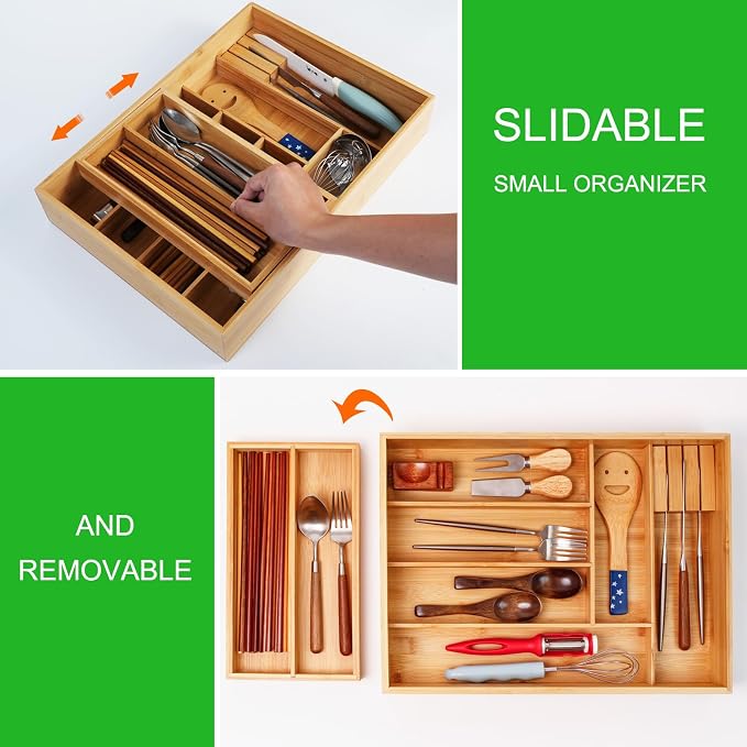 COIWAI Double Layer Bamboo Drawer Organizer Cutlery Utensil Silverware Drawer Organizer, cutlery Silverware Tray for Drawer, Utensil Holder Drawer Dividers for Flatware (L: 16.85 × 12.2 in) - Image 2