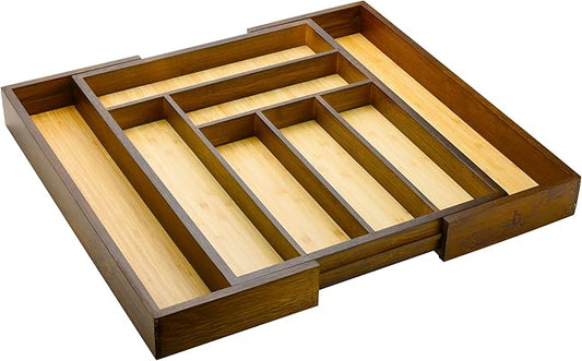 Bamboo drawer organizer, utensil holder, silverware organizer, and adjustable cutlery tray with drawer dividers, for kitchen, office desk, and bathroom storage (Vintage Brown) by CozeeBay