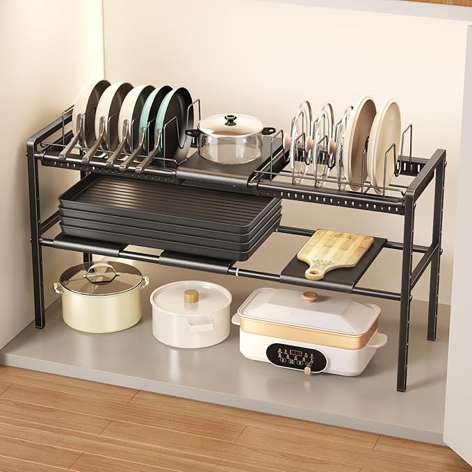 Mustorn Pots and Pans Organizer Under Cabinet, Expandable 2 Tier Under Sink Organizers and Storage Adjustable Height Kitchen Pot and Pan Lid Holder Rack with 12 Dividers Under Cabinet Shelf(Black) by MUSTORN