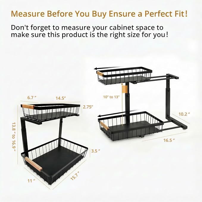 Under Sink Organizer, 2 Tier Pull Out Cabinet Organizers and Storage for Kitchen Bathroom Pantry Laundry, Adjustable Height, Slide Out Thickened Metal Storage Shelf (Black, 1 Pack) - Image 5