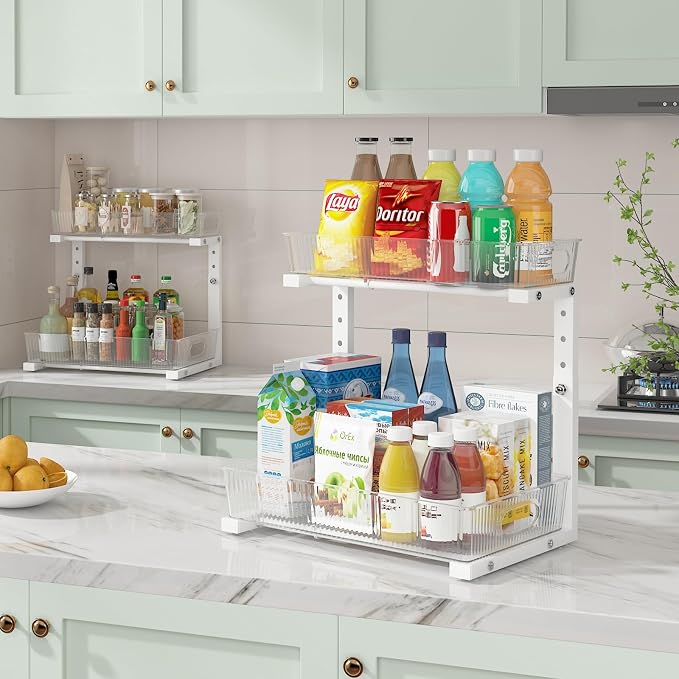 ADRIMER Under Sink Organizer 2 Packs, Pull Out Kitchen Sink Organizer, 2 Tier Slide Out Kitchen Organizers and Storage Bathroom Under Cabinet Storage Shelf, Transparent & White - Image 6