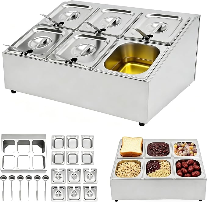 Telescoping Pizza Topping Station Condiment Container Food Prep Holder | 6 Pans & 6* Spoons Stainless Steel Container Set Ingredients Holder Spice Organizer Rack for Kitchen Pizza Oven Accessories by kunghei