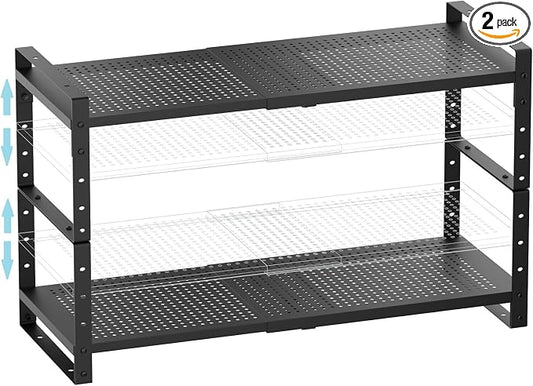 Expandable Shoe Rack Stackable Metal Pantry Storage Shelves Stand Adjustable Height Cabinet Shelf Organizer Racks Spice Shelving(2PACKS/BLACK,LARGE) by Goodqualityproducts