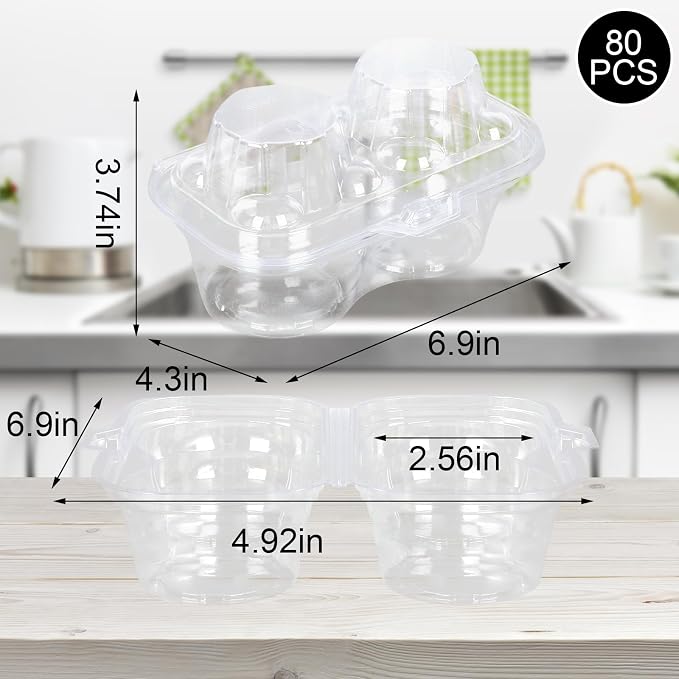 JarThenaAMCS 80 Pack Plastic Cupcake Containers 2-Compartment Clear Boxes Disposable Cupcake Tray Holders 2 Cavity Dessert Carriers with Deep Dome for Muffin Packaging - Image 2