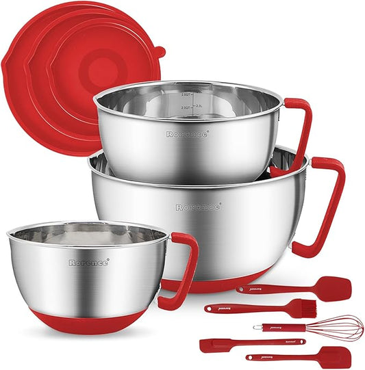 Stainless Steel Mixing Bowls: Metal Mixing Bowl Set with Lids and Handles Non-slip Silicone Bottom Nesting Bowls for Kitchen Set of 3 - Red by Rorence