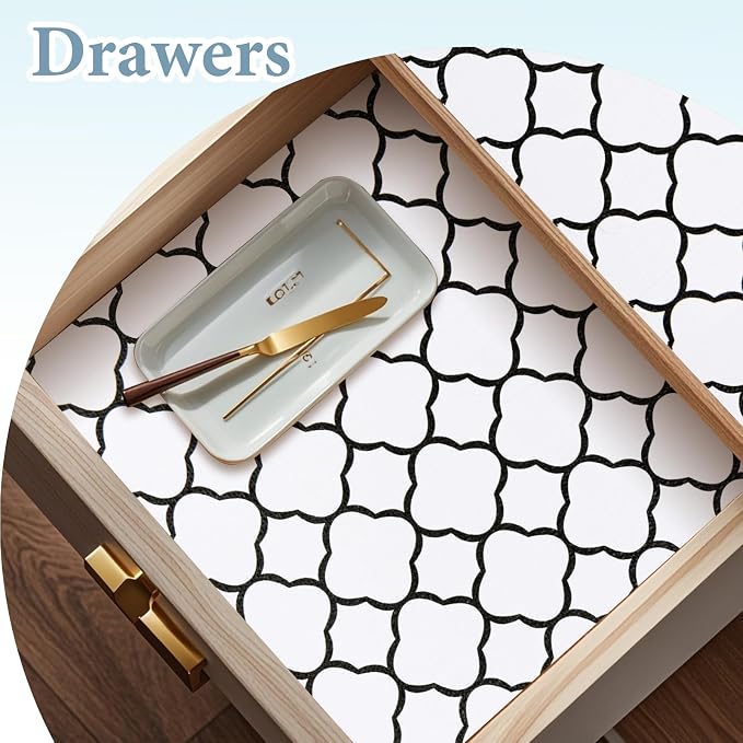 Shelf Drawer Liners for Kitchen Cabinets 12 in X 10 Ft Drawer Liner | Non Adhesive Thickened Refrigerator Liner Black Quatrefoil Strong Non-Slip Paper for Tool Box with Knife and Tape Measure - Image 6
