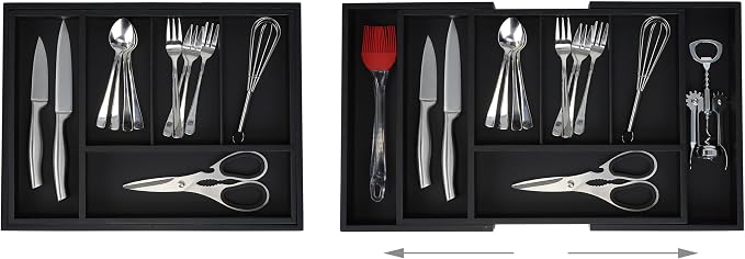 Relaxdays Cutlery Tray, Extendable Insert, 5 to 7 Compartments, Drawer Organiser, Bamboo & MDF, Utensils Storage, Black, Fibreboard, 5 x 49 x 28 cm - Image 3