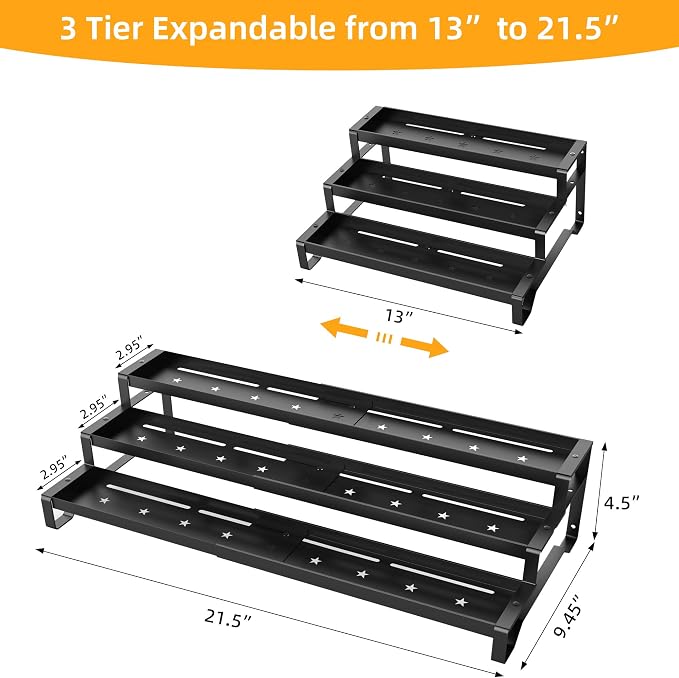 Spice Rack Organizer for Cabinet, 13-21.5" Expandable Spicy Shelf | 3-Tier Metal Seasoning Organizer, Kitchen Spice Organization, Slip-Resistant Guardrails for Jars, Bottles and Cans, Black - Image 2