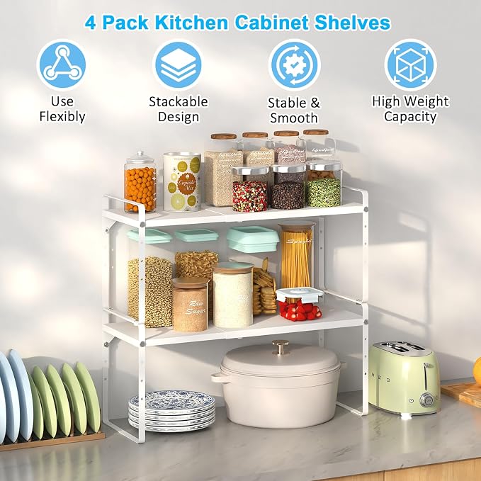 15.5 to 25.5 Inch Kitchen Cabinet Shelf Organizers, Adjustable Kitchen Counter Shelf Organizer, Set of 4 Expandable Countertop Storage Shelves, Stackable Design, 30LBS Heavy Duty, Space Saver - Image 3