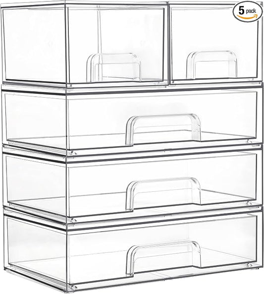 Vtopmart Clear Stackable Storage Drawers Set of 5, Plastic Organizer Bins for Makeup, Cosmetics, Beauty Supplies,Ideal for Vanity, Bathroom,Cabinet,Pantry Organization by Vtopmart