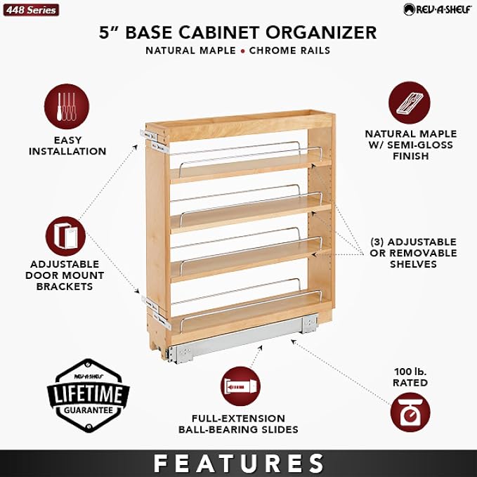 Rev-A-Shelf Pullout Kitchen Cabinet Organizer, Min Cabinet Opening 5.5" W | 5" W Slide Out Pantry Spice or Utensil Storage Rack with Adjustable Shelves for Base Cabinet Organization, 448-BC-5C - Image 3