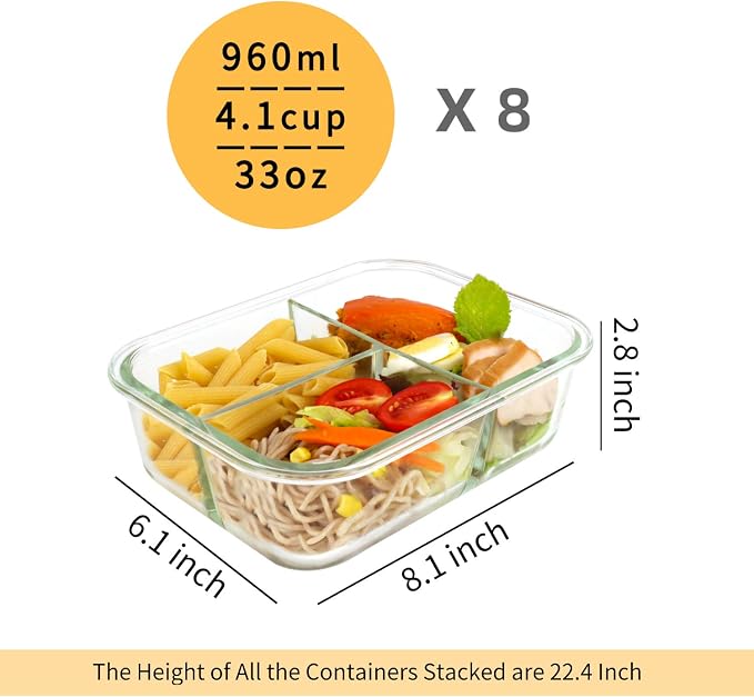 Bayco 8 Pack Glass Meal Prep Containers 3 Compartment, Glass Food Storage Containers with Lids, Airtight Lunch Bento Boxes, Leak Proof (8 lids & 8 Container) - Grey - Image 2