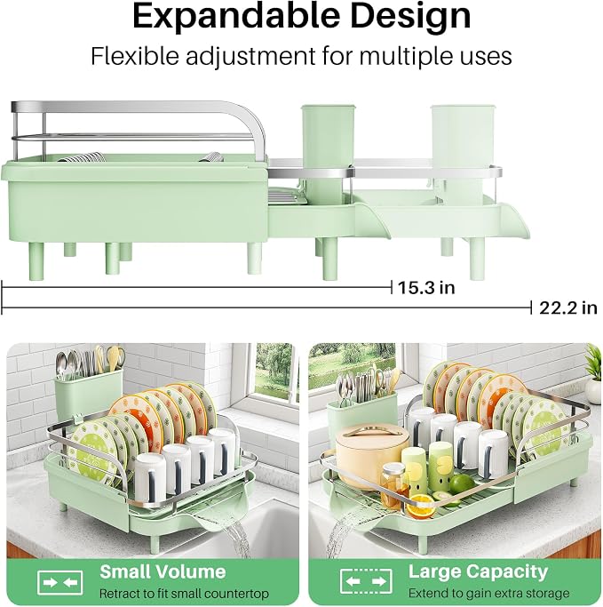 SAYZH Expandable Dish Drying Rack for Small Kitchen Counter, Green | Stainless Steel, Protective Guardrail, Angled Drainboard, Fits High-Rim Sinks, Removable Utensil Holder - Image 4