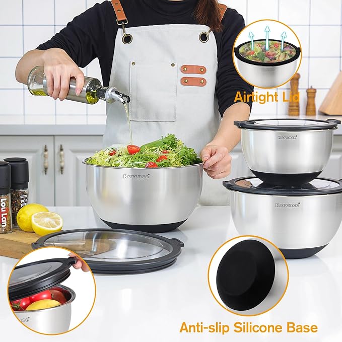 Mixing Bowls with Lids Set, Non Slip Silicone Bottom Stainless Steel Mixing Kitchen Bowls for Baking/Storage, Dishwasher Safe, 5/3/1.5QT | Non Slip Silicone Bottom, Dishwasher Safe, 5/3/1.5QT - Image 4