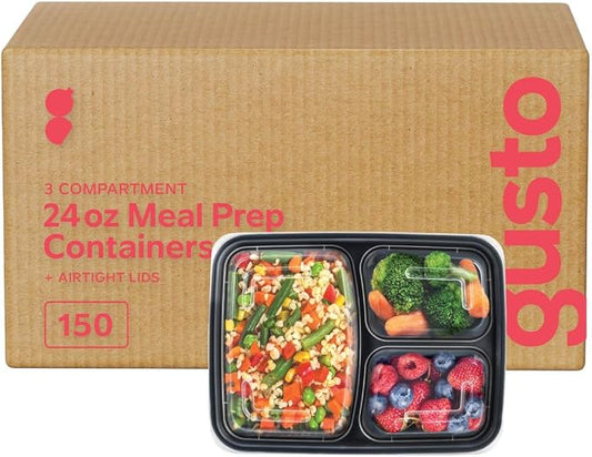 GUSTO 24 oz - 3 Compartment Meal Prep Containers with Lids – [Case of 150] Reusable, Microwaveable, Dishwasher & Freezer Safe, BPA-Free Food Storage Boxes for Portion Control (Formerly Comfy Package) by GUSTO