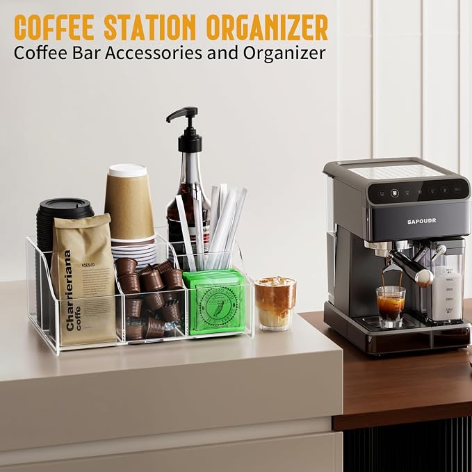 Upitry Acrylic Coffee Station Organizer - Cup And Lid Holder For Countertop | See-Through Storage Spotless Surface - Everything In Its Place - Coffee Bar Organizer for Creamer Syrup Sugar Caddy Drink - Image 4