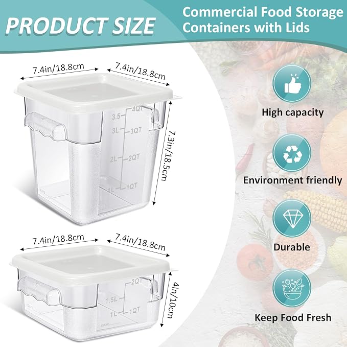Yungyan 16 Pcs Restaurant Food Storage Containers with Lids Set 2Qt and 4Qt Commercial Restaurant Square Storage Containers Clear Food Cereal Container for Kitchen Freezer (White Lids) - Image 2