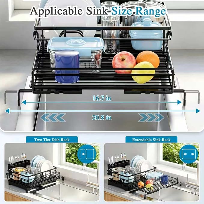 Expandable Dish Drying Rack for Kitchen Counter, Large Capacity Dish Rack with 360° Rotatable Drain Spout & Utensil Holder, Stainless Steel Dish Drainer for Kitchen Sink, Black - Image 4