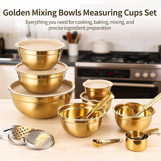 20 PCS Gold Mixing Bowls with Lids Set - 7 Mixing Bowls with 3 Graters, 8 Measuring Spoons, 1 Whisk, and 1 Food Tong, Nesting Bowl Set for Baking, Cooking, Meal Prep - Image 2