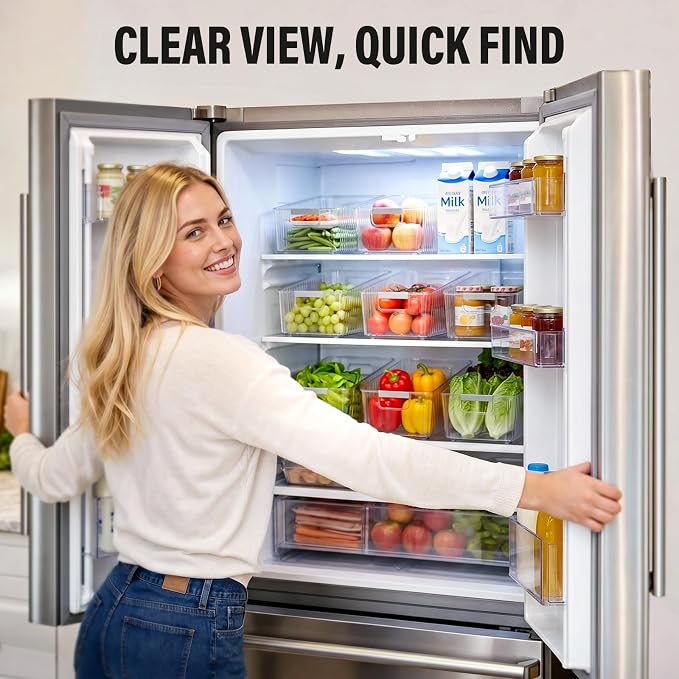Pull Out Fridge Organizer Bins with Wheels, 8 Dividers, 2-Pack | Clear PET storage bins with handles, rear wheels and adjustable dividers for refrigerator, pantry and cabinet shelves - Image 5