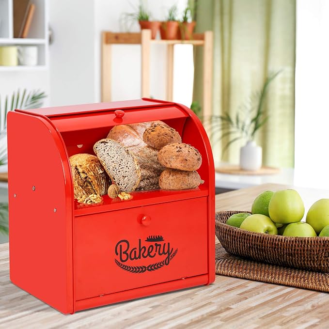 Bread Box, Metal Bread Box for Kitchen Countertop, 2 Layer Roll Top Bread Boxes, Stainless Steel Bread Storage, Kitchen Counter Bread Bin, Airtight Holder for Homemade Bread (Red) - Image 6