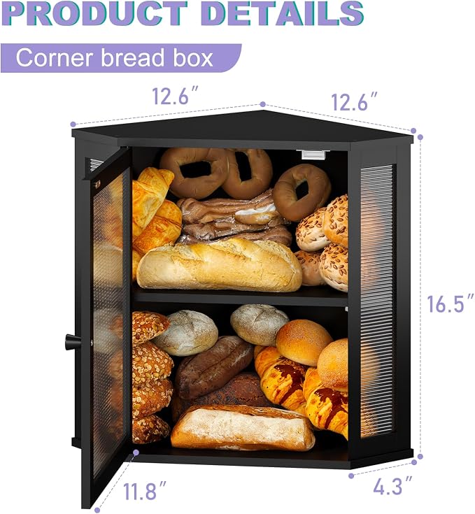 Corner Bread box for Kitchen Countertop,Farmhouse Bread Box with Acrylic Wavy Door Panel,Large Bread box for kitchen countertop, Food Storage Container (Black, Extra Large) - Image 2