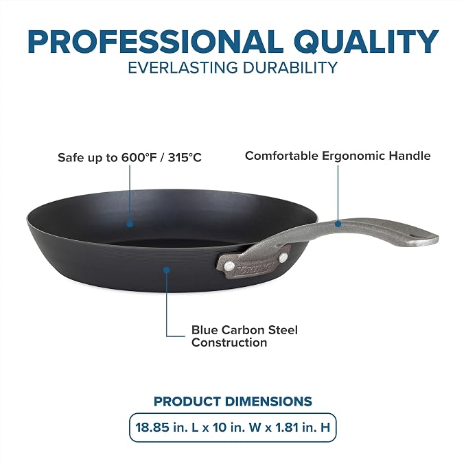 Viking Blue Carbon Steel Frying Pan, 10 Inch Kitchen Cookware, Black - Image 4