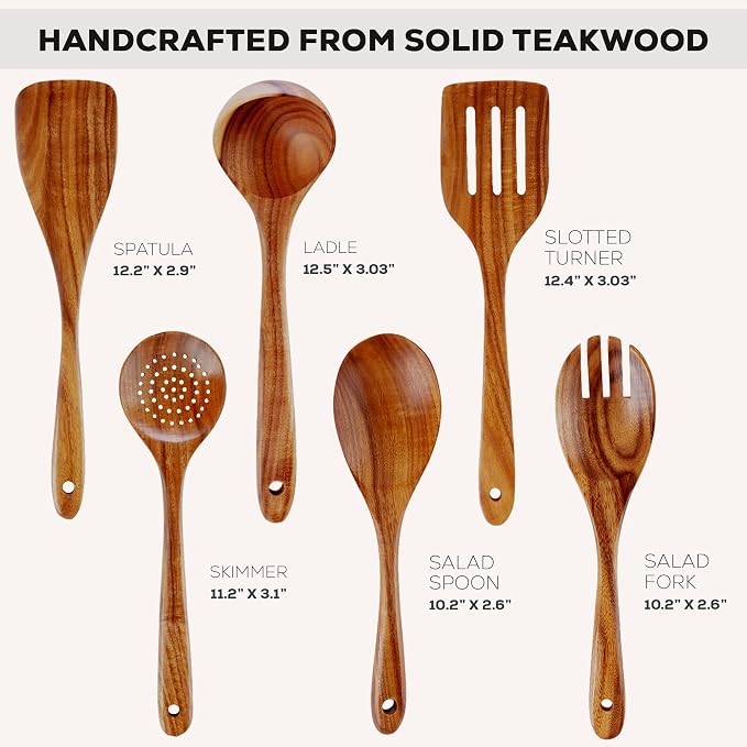 Zulay Kitchen Extra-Large 6-Piece Wooden Spoon Set - Smooth Teak Cooking Utensils - Comfort-Grip Non-Stick Turner, Spatula, Skimmer, Fork, Serving Spoon - Image 3