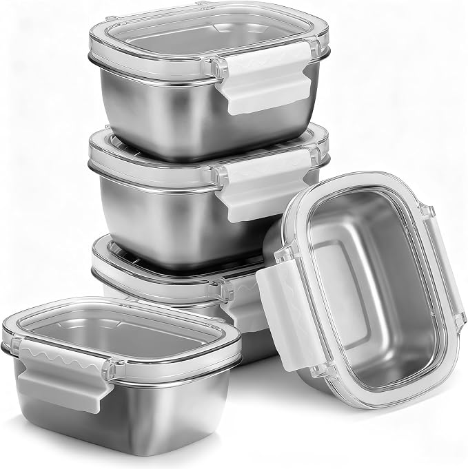 5 Piece 250ml/8.oz Stainless Steel Containers with Lids | Food Storage Containers Leakproof Lunch Small Snack Boxs, Reusable Meal Prep Containers Suitable for Dips, Condiments, Snacks by EKACO